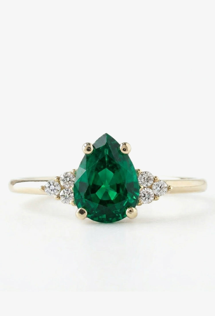 Inel de logodnă cu smarald pară 0,75 ct și diamante naturale în aur 14k alb, MOOGU®