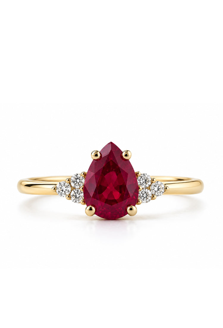 inel ruby pear din aur 14k