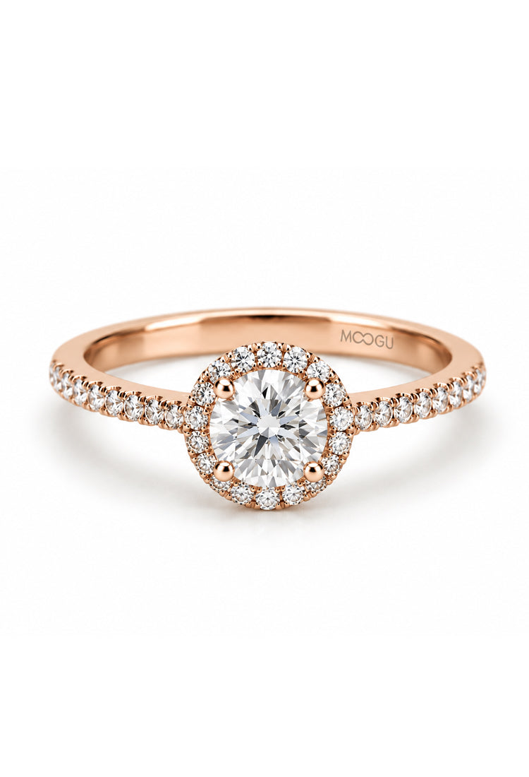 Inel de logodnă Halo cu diamant central și diamante halo montate manual în aur 14k/18k, MOOGU®