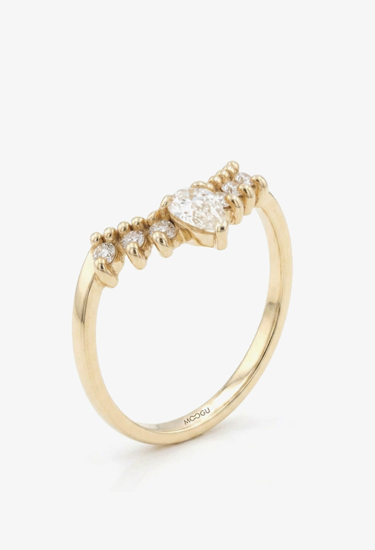 Inel de logodnă Sunburst din aur 14k cu diamant natural pear shape și diamante laterale, 0.34 ct total, lucrat manual, MOOGU®
