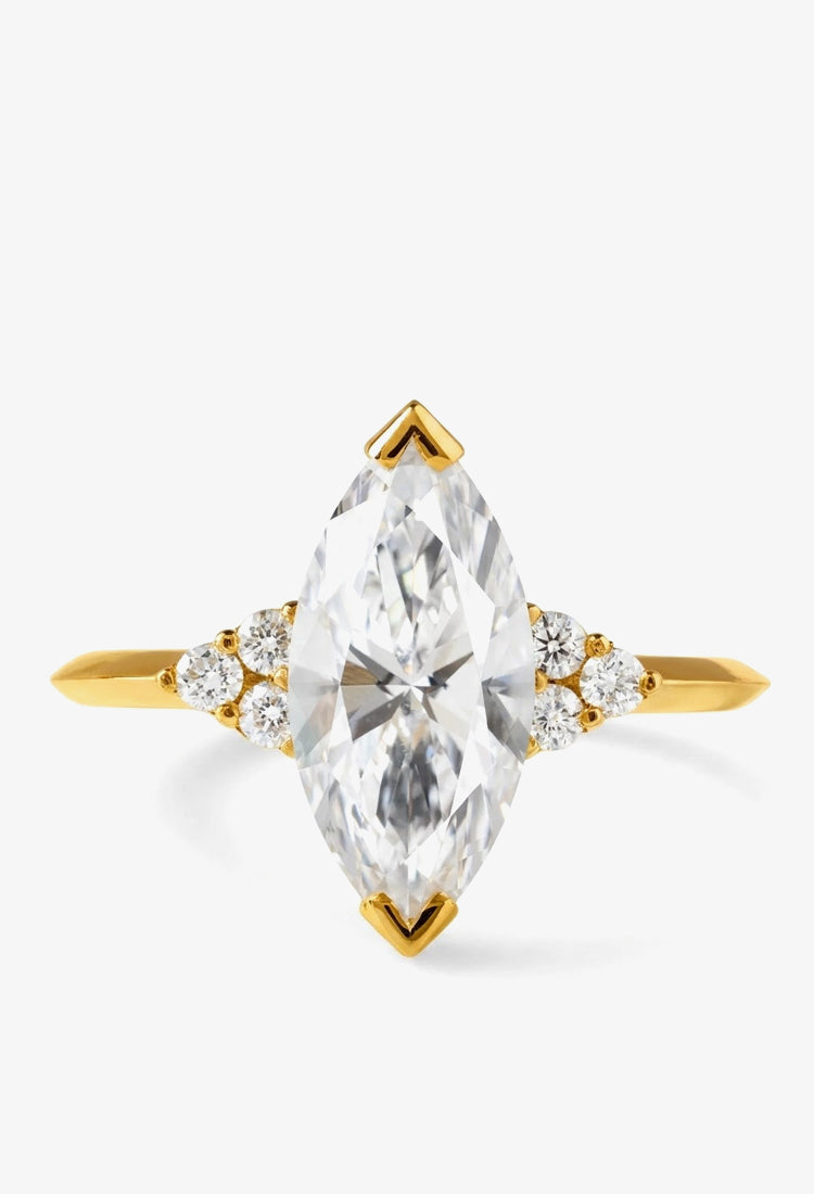 Inel de logodnă Marquise Crown cu diamant lab grown 1 ct tăietură marquise și diamante laterale în aur 14k galben, MOOGU®
