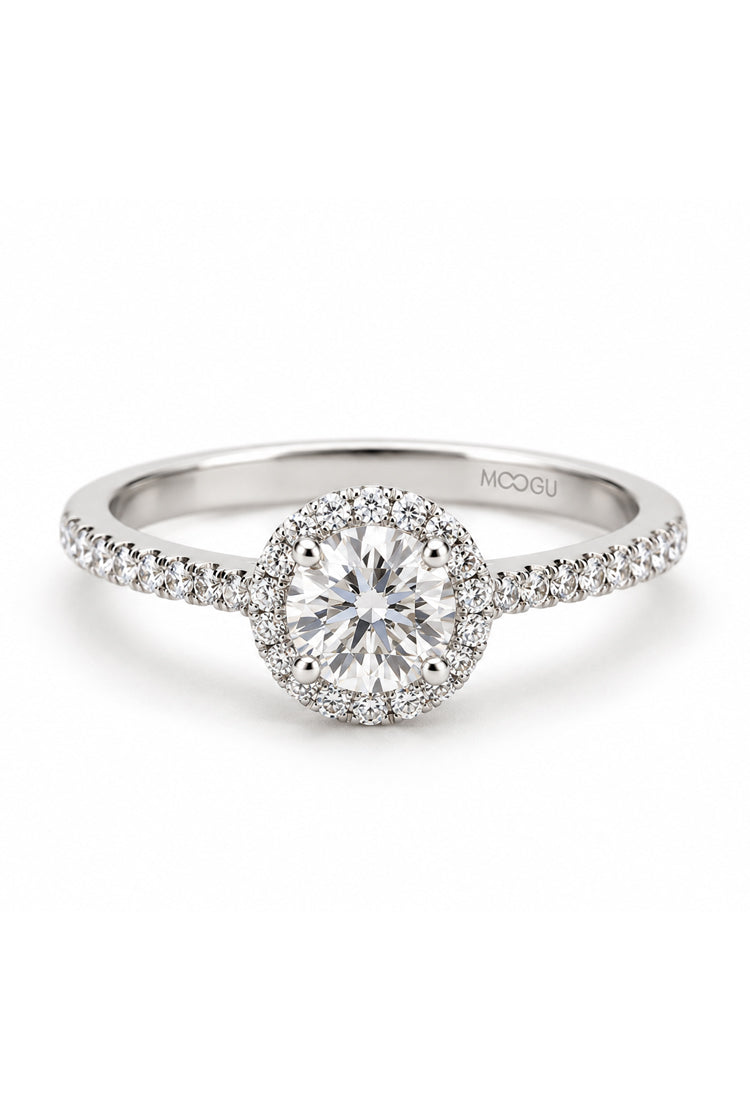 Inel de logodnă Halo cu diamant central și diamante halo montate manual în aur 14k/18k, MOOGU®